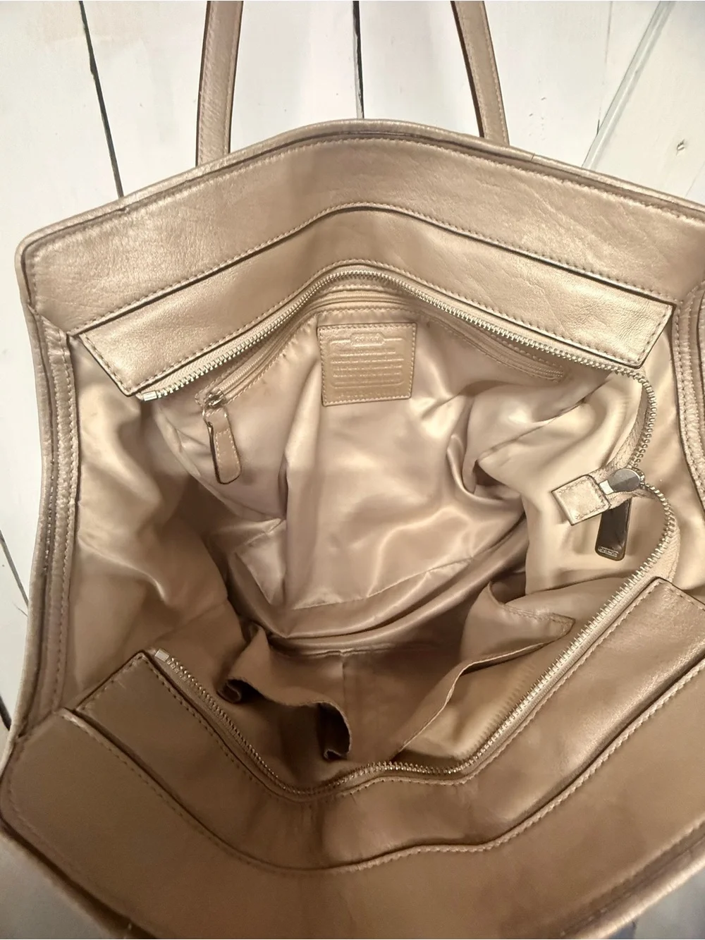 Vintage Coach Metallic Taupe Leather Tote Bag